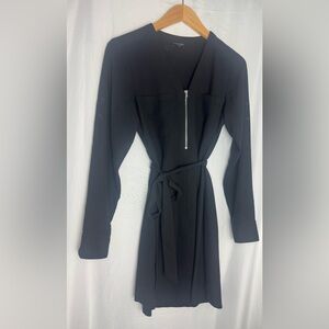 Express Zipper Front Shirt Dress XS Black Long Sleeve Roll Tabs tie waist